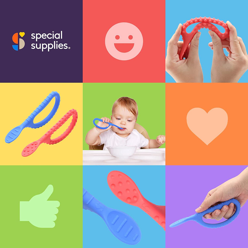 Special Supplies Duo Spoon Loops Oral Motor Therapy Tools, 2 Pack, Textured Stimulation and Sensory Input Treatment for Babies, Toddlers or Kids, BPA Free Silicone with Flexible, Easy Handle - Red & Blue - Insight Family Market