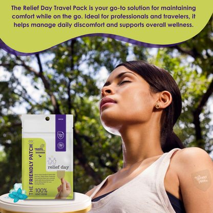 Woman with a neck patch and 'The Friendly Patch' relief day travel pack in front of greenery
