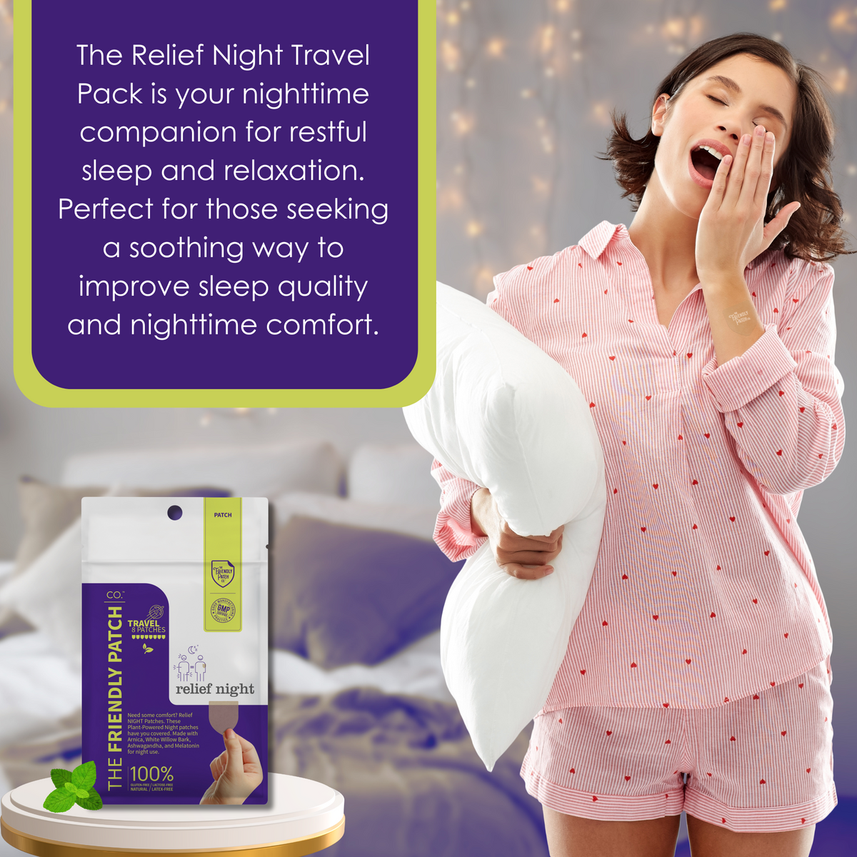 Woman in pink pajamas holding a pillow with a product packaging labeled 'The Friendly Patch' on a blurred background.