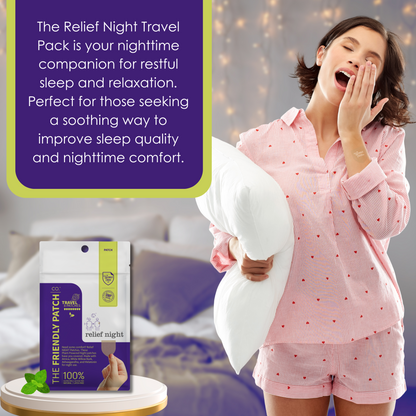 Woman in pink pajamas holding a pillow with a product packaging labeled 'The Friendly Patch' on a blurred background.