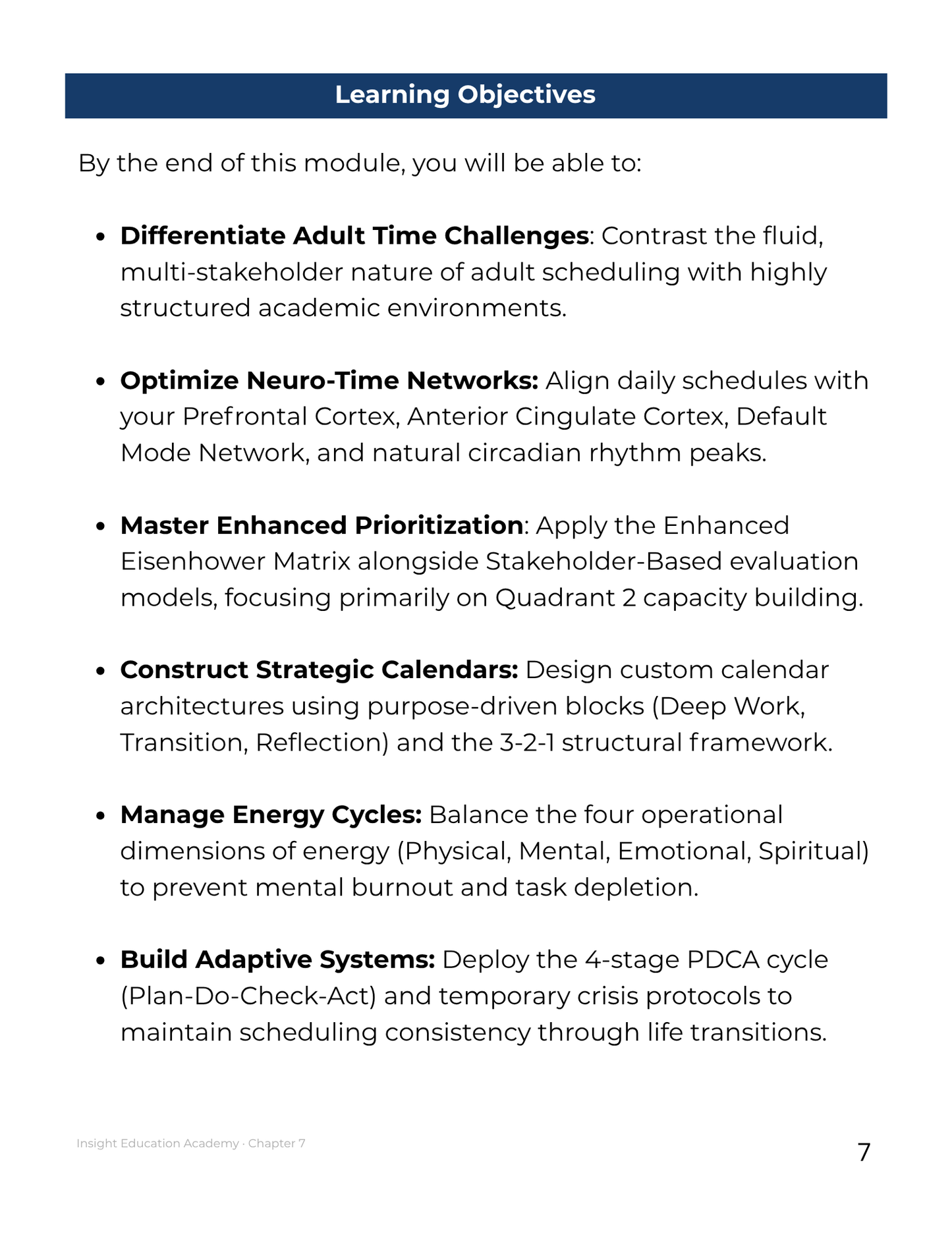 Learning objectives list for a module on adult time challenges and scheduling strategies.