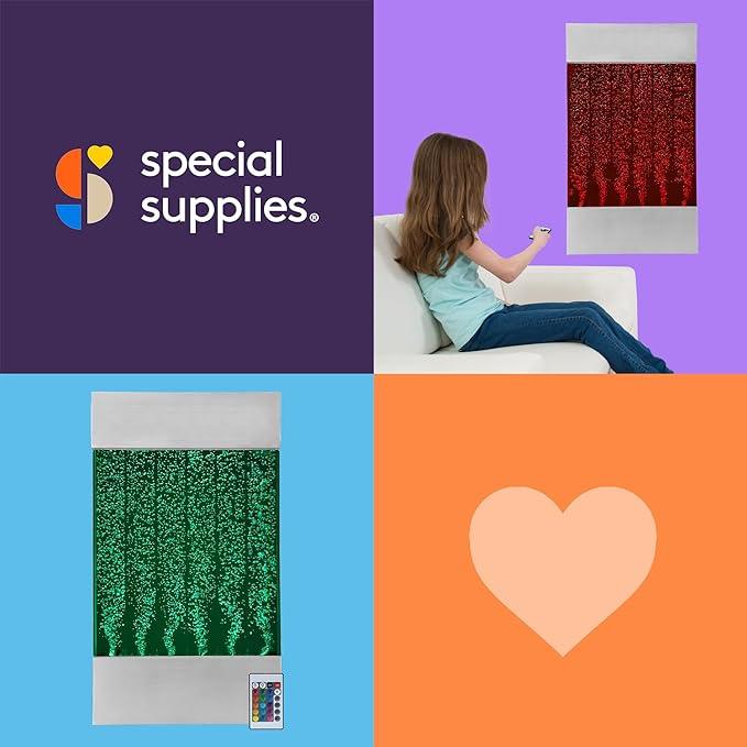 Sensory bubble wall panel with remote, child using sensory light, calming room decor for kids
