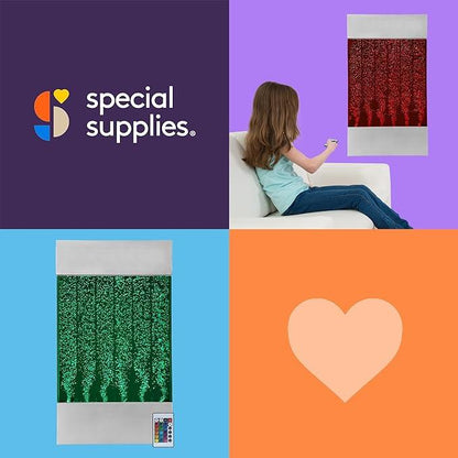 Sensory bubble wall panel with remote, child using sensory light, calming room decor for kids