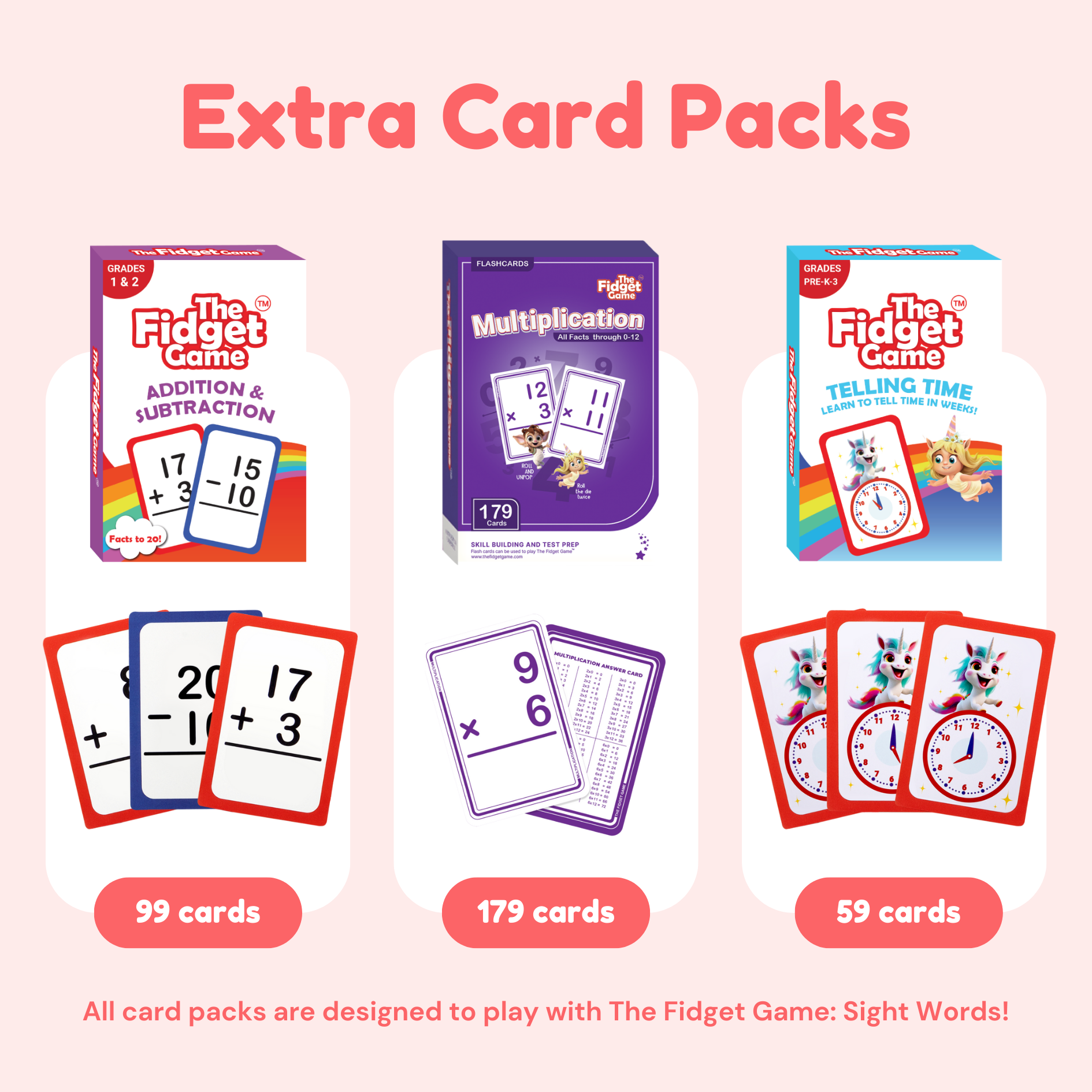 Extra card packs for educational games with colorful packaging and cards on a light pink background.