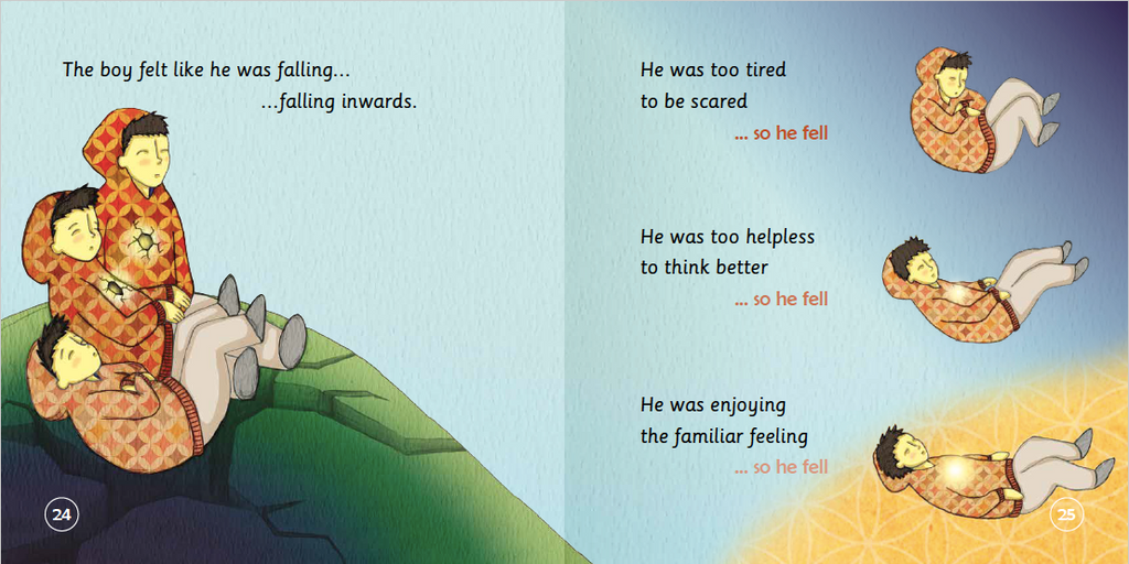 Illustration from a children's book showing a boy falling off a cliff with text describing his feelings.