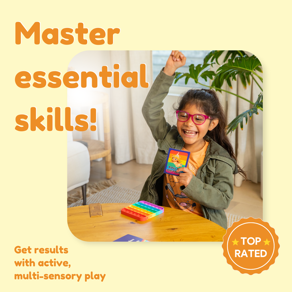 Child playing with a colorful toy on a table, with text about mastering essential skills and active play.