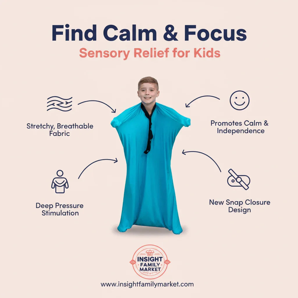 Child in blue sensory sack with stretch fabric, deep pressure stimulation, snap closure features