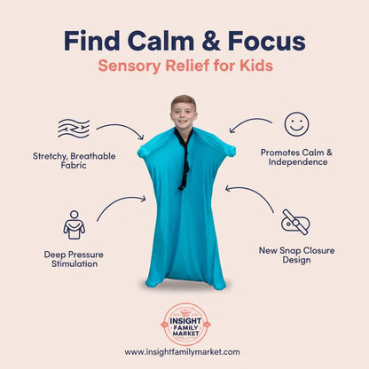 Child in blue sensory sack with stretch fabric, deep pressure stimulation, snap closure features