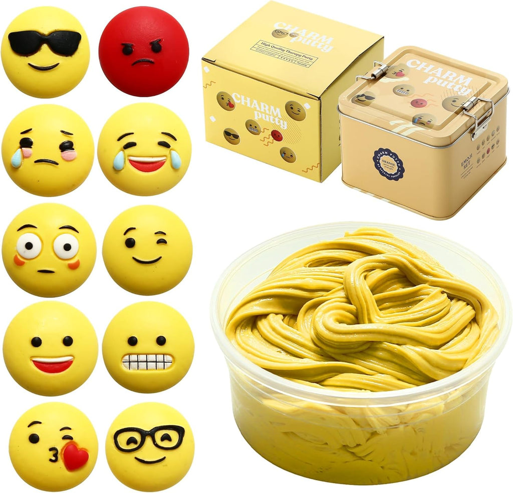 Special Supplies Sensory Therapy Putty for Kids and Adults with 10 Cute Charms - Resistive Hand Exercise Stress Relief Therapy Putty, Five Ounces of Each Putty (Emoji Set - Strength: X - Soft) - Insight Family Market