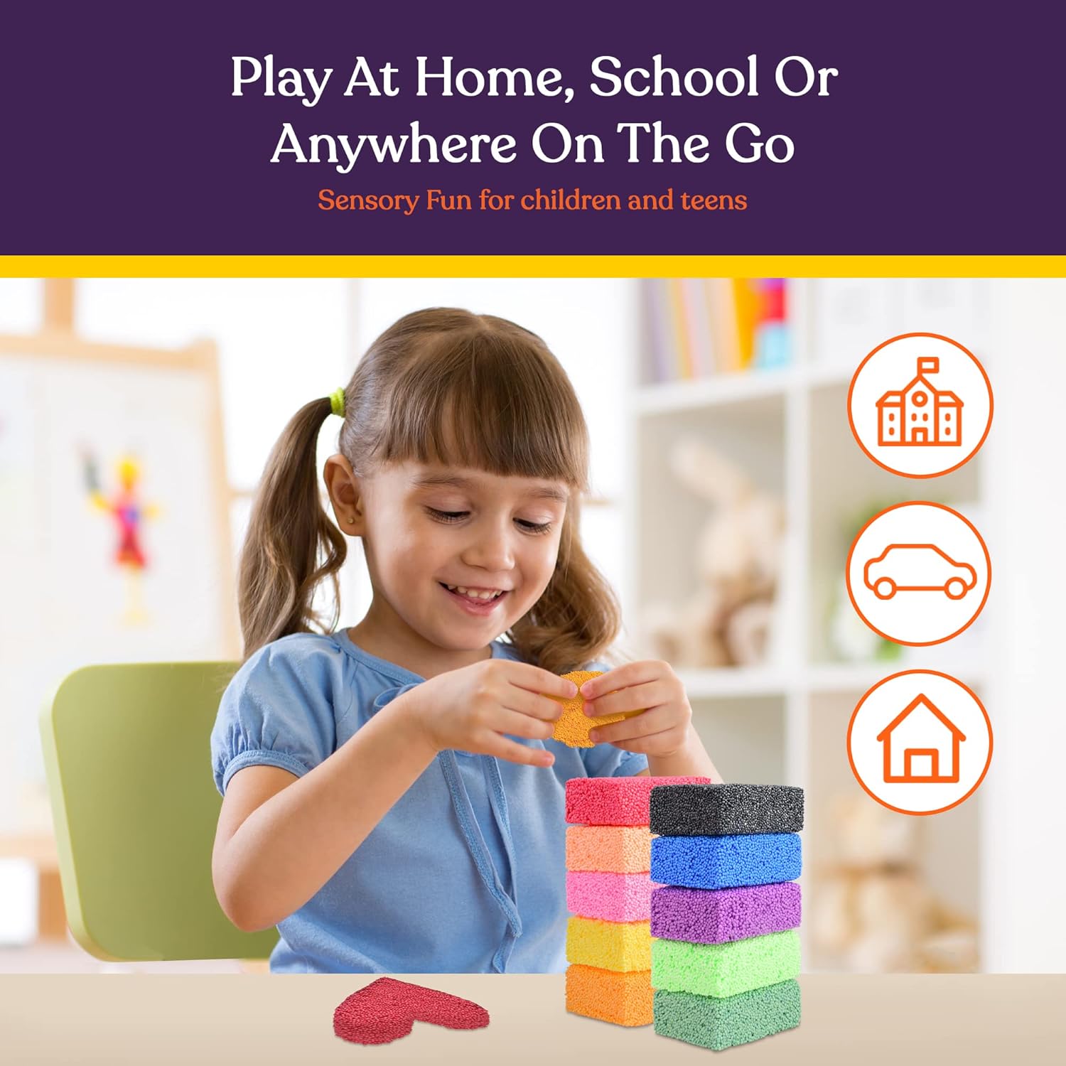 Child playing with colorful blocks in a home setting, with text about sensory fun for children and teens.
