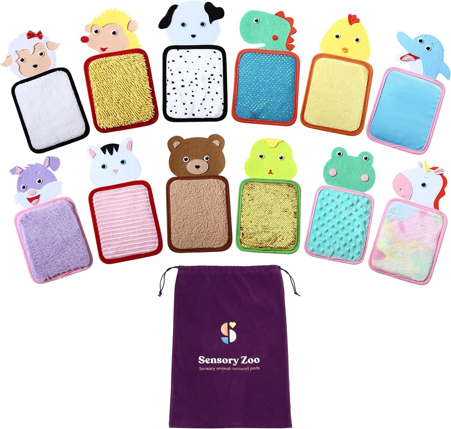 Sensory animal textured pads with various animal faces, displayed with a purple storage bag.