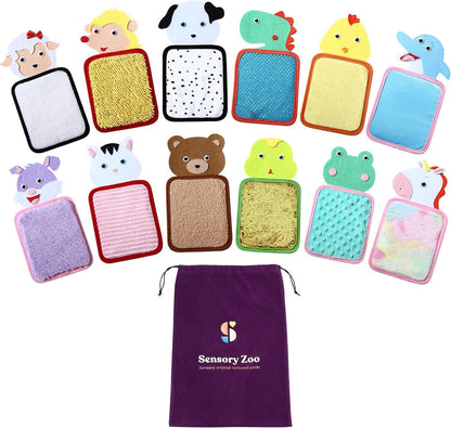Sensory animal textured pads with various animal faces, displayed with a purple storage bag.