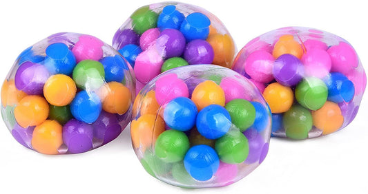 Four clear sensory stress balls filled with colorful beads for fidget and sensory play