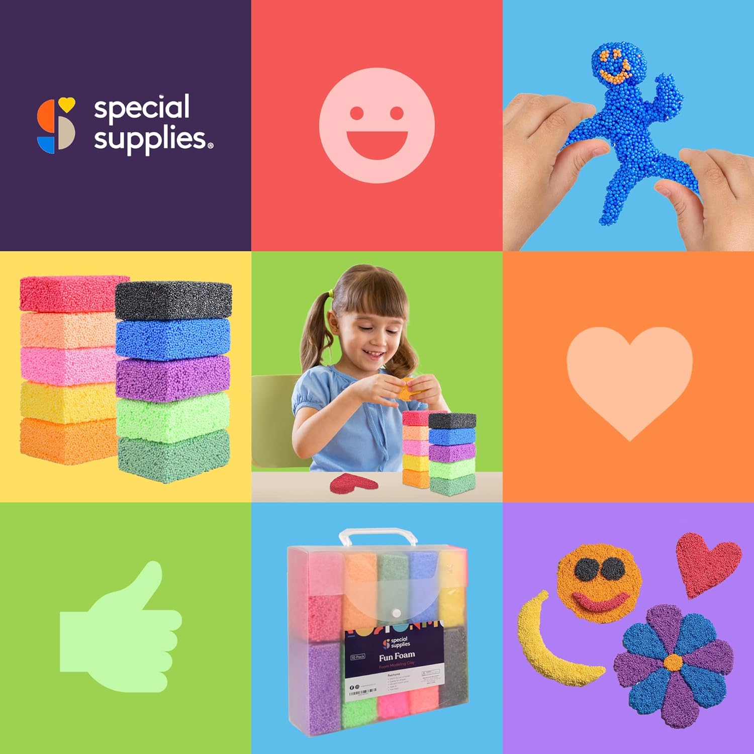 Collage of images featuring colorful foam blocks, a child playing with them, and packaging with 'special supplies.' branding.