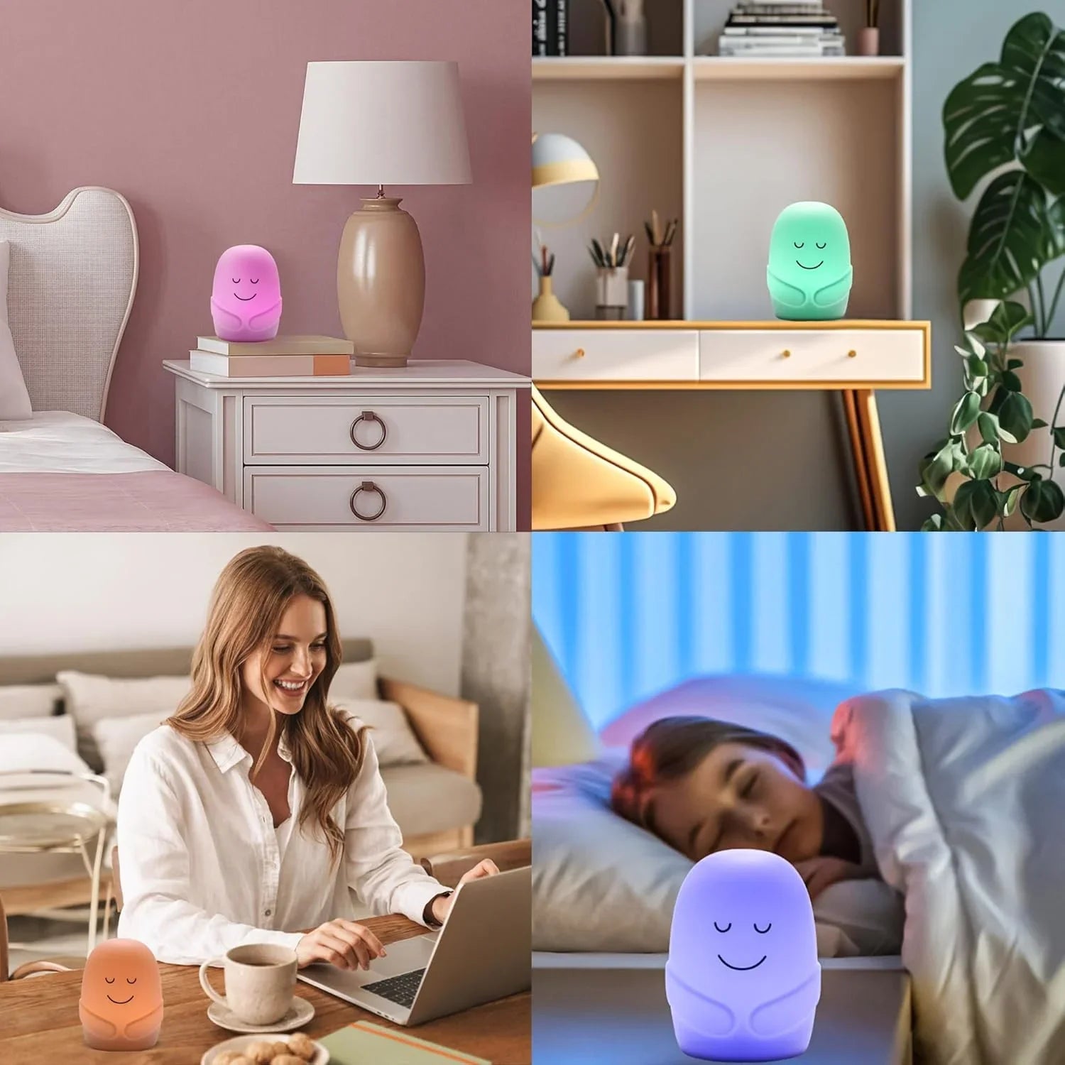 Colorful sensory night light with cute face in bedroom, office, and sleep settings