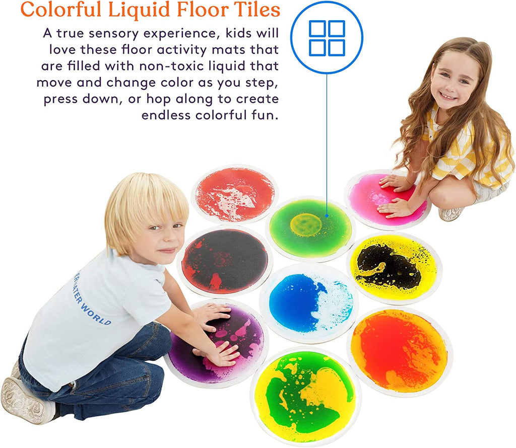 Colorful liquid floor tiles with children playing on a white background