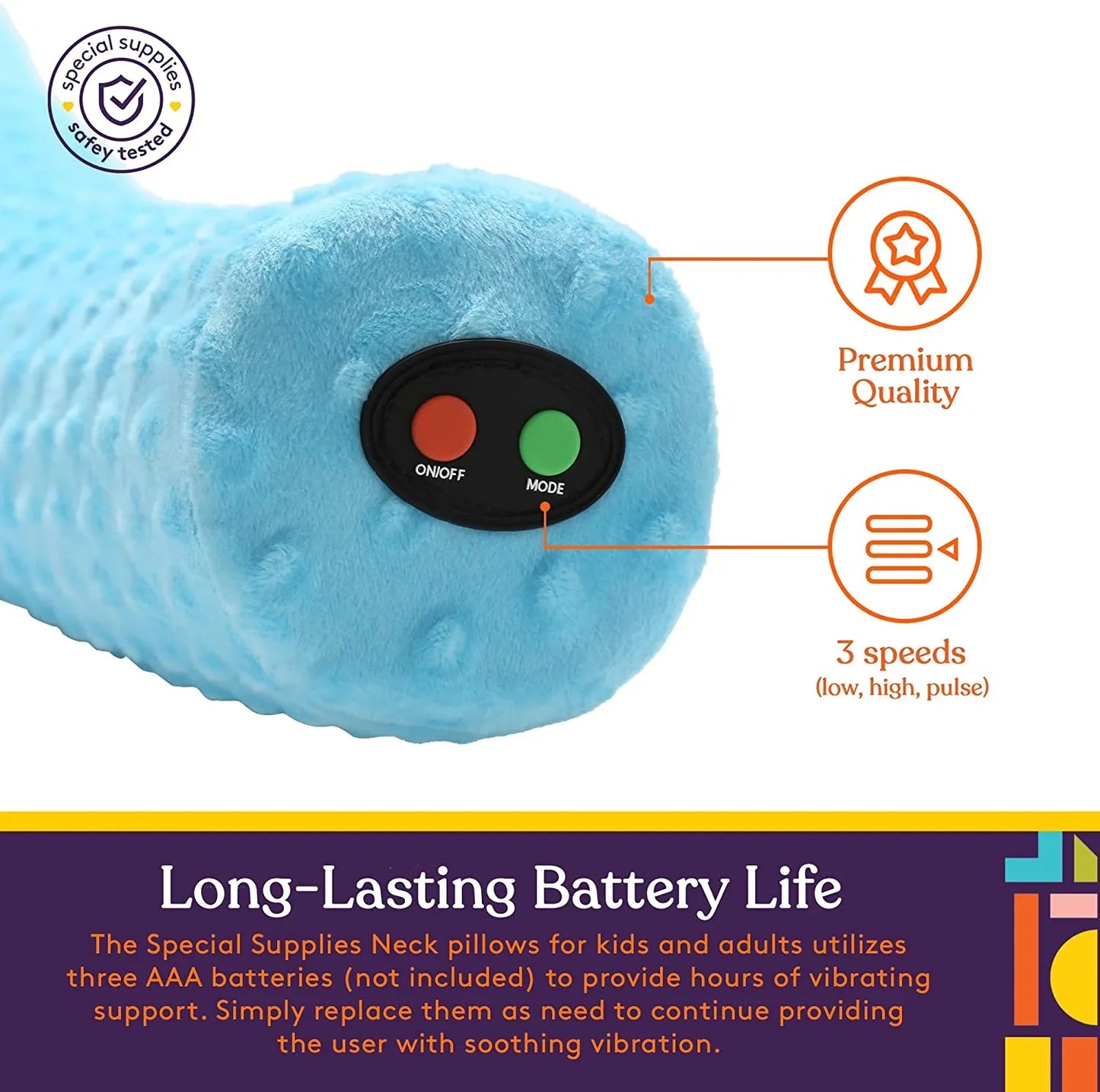 Blue sensory neck pillow with vibrations, control buttons, and three adjustable speeds