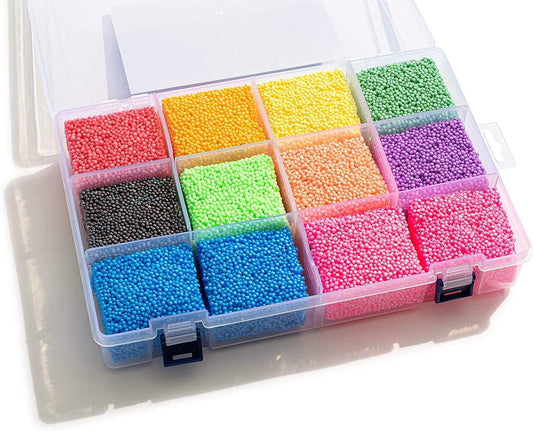 Assorted colorful foam sensory beads in a clear plastic organizer box for sensory play.
