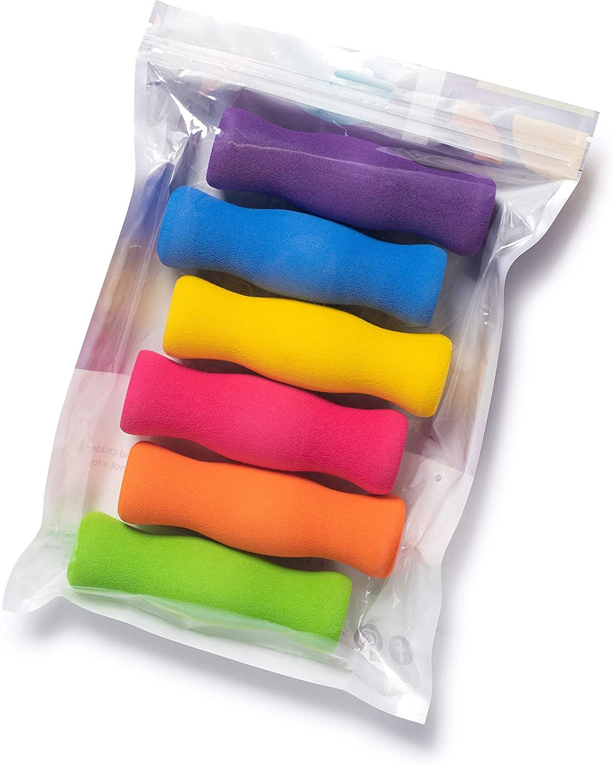 Assorted colorful foam pencil grips in a clear zip bag for sensory and handwriting support