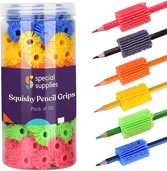 Jar of colorful squishy pencil grips for sensory support, shown on pencils in assorted colors.