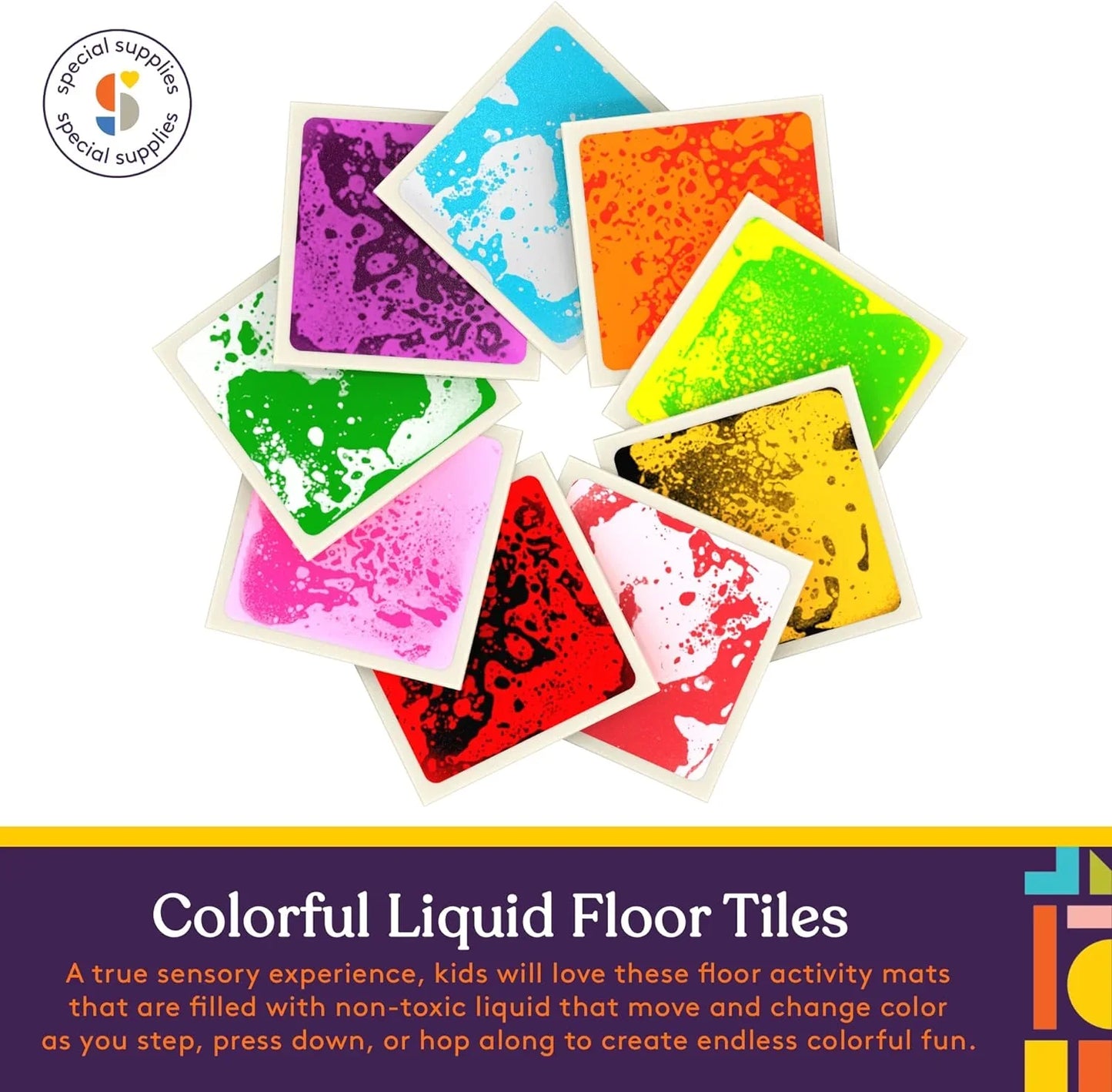 Colorful sensory liquid floor tiles in a circular arrangement, ideal for sensory play.