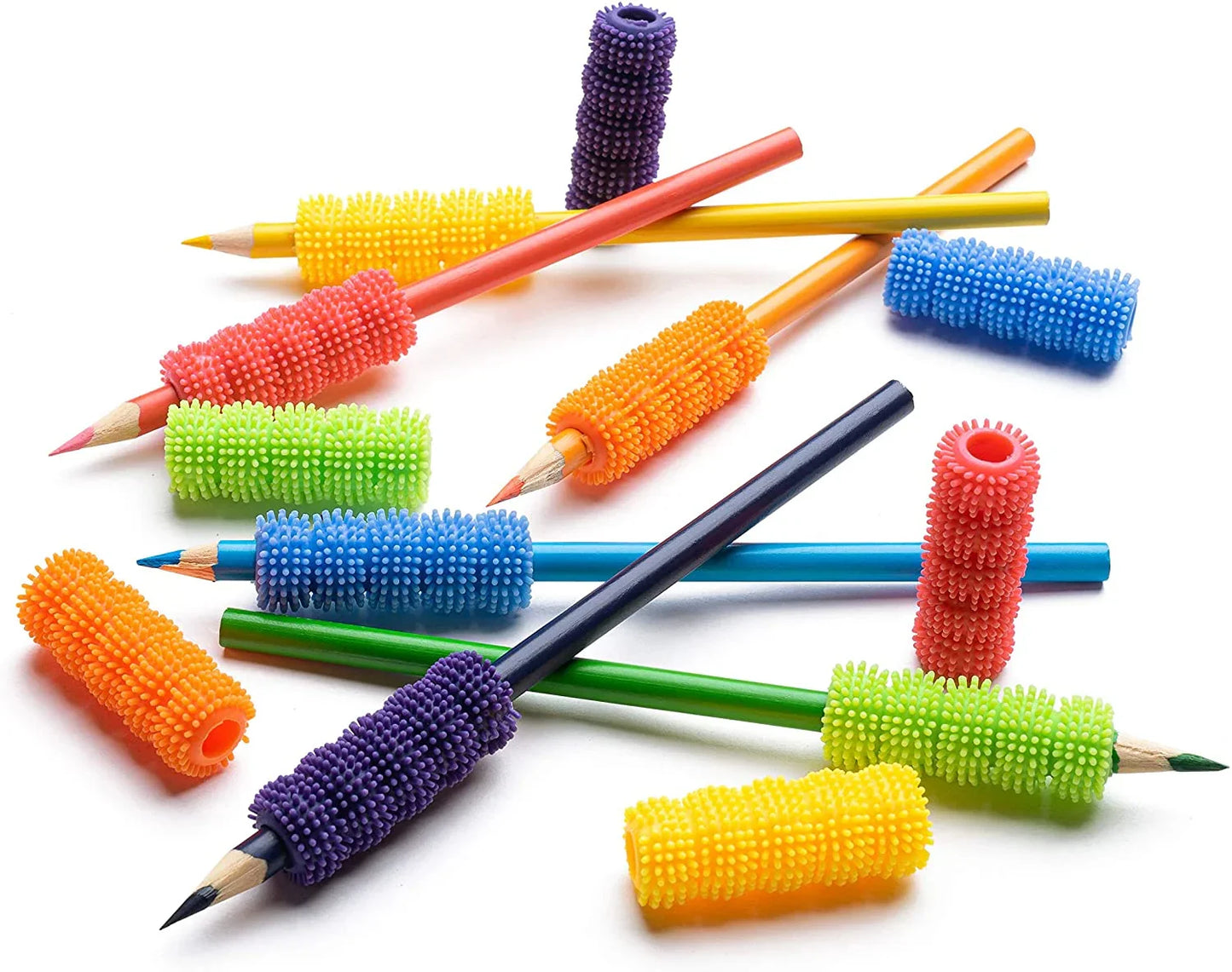 Colorful pencils with textured sensory pencil grips for kids, ADHD, or sensory support