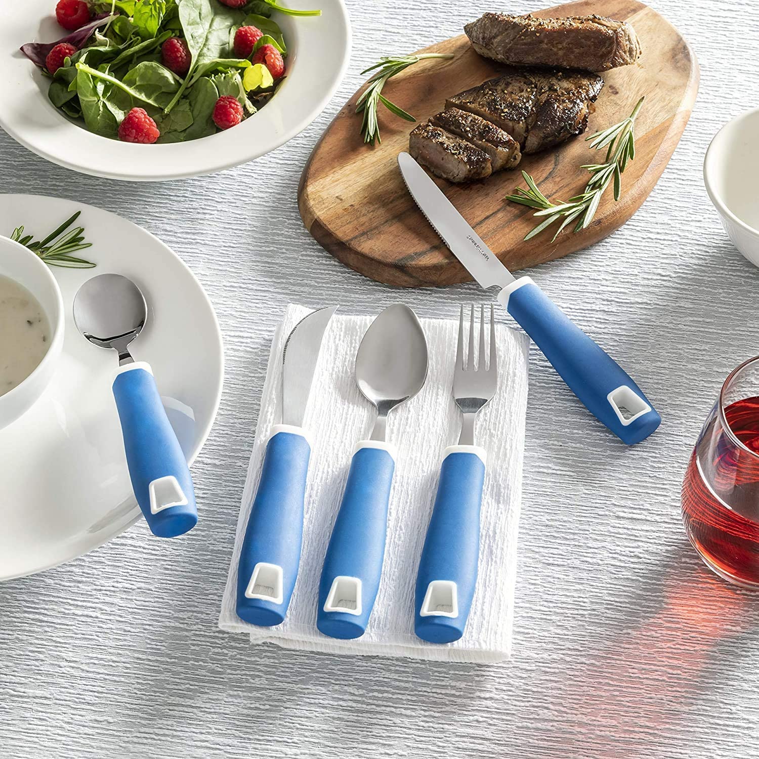 Set of 5 Blue Adaptive Utensils - Stainless Steel Knife, Rocker Knife, Fork, Soup Spoon, Dinner Spoon - Insight Family Market