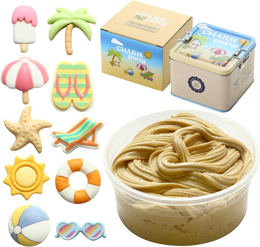 Sensory Therapy Putty for Kids and Adults with 10 Cute Charms - Resistive Hand Exercise Stress Relief Therapy Putty, Five Ounces of Each Putty (Beach Set - Strength: X - Soft) - Insight Family Market