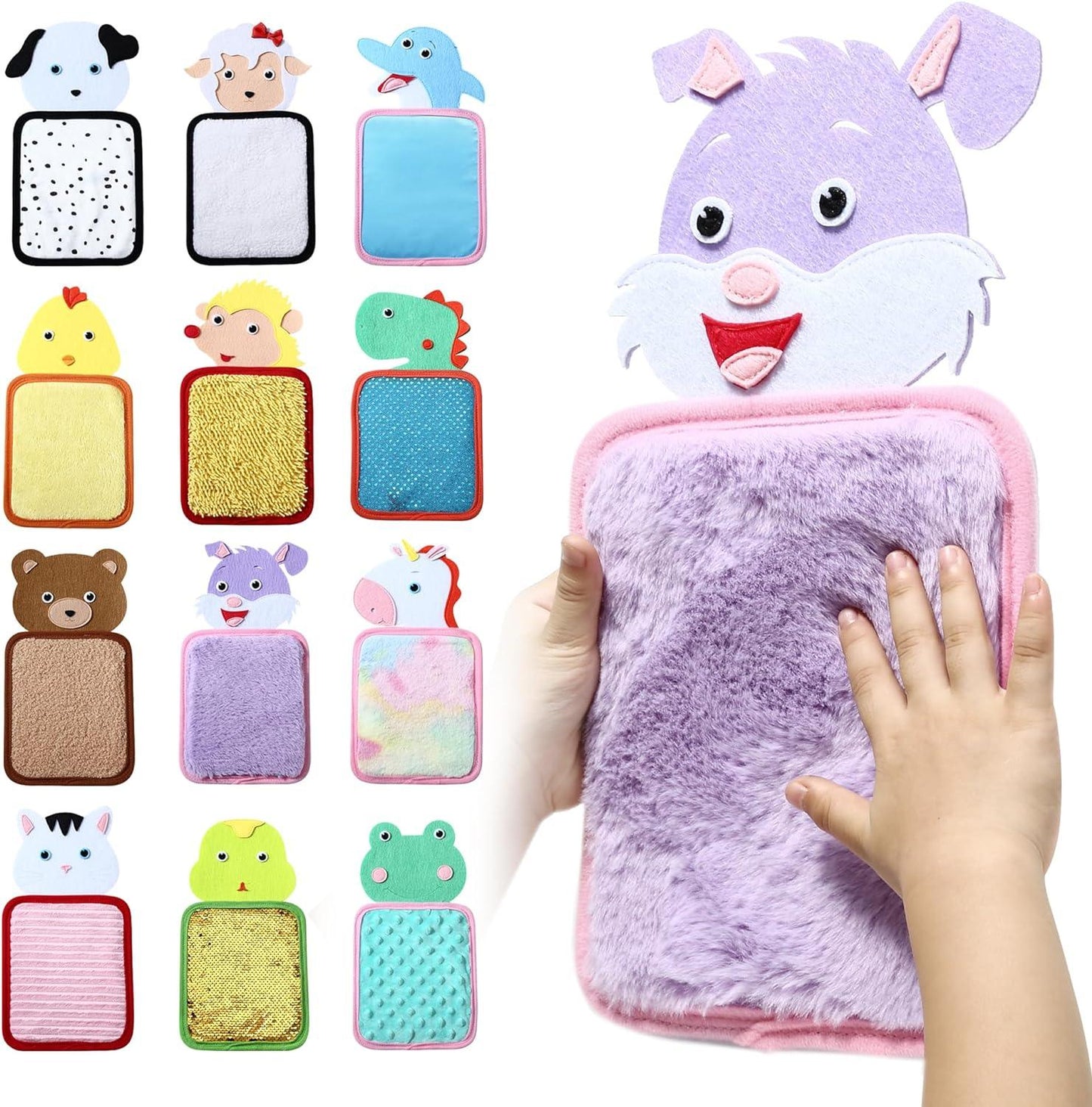 Child's hand touching purple sensory tactile animal pad, assorted animal-themed textured sensory pads displayed.