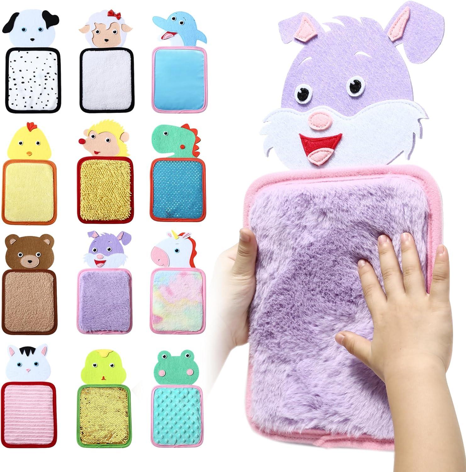 Child's hand touching purple sensory tactile animal pad, assorted animal-themed textured sensory pads displayed.