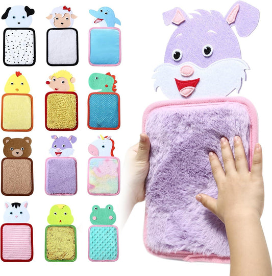 Child's hand touching purple sensory tactile animal pad, assorted animal-themed textured sensory pads displayed.