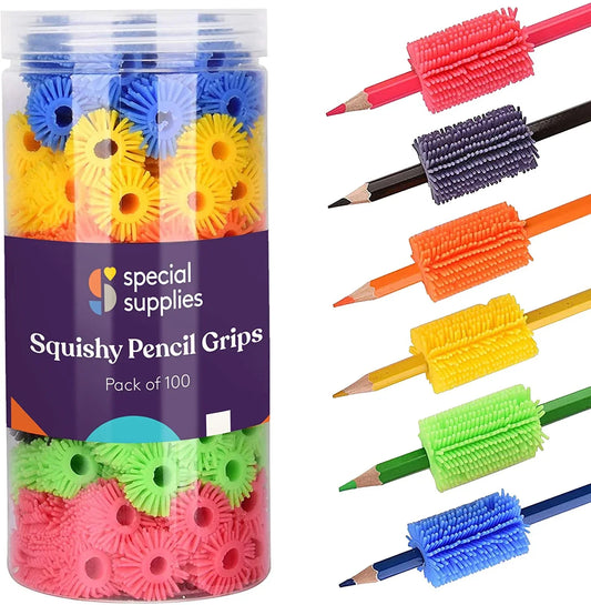 Colorful sensory squishy pencil grips for kids, pack of 100 in a clear container, assorted colors.