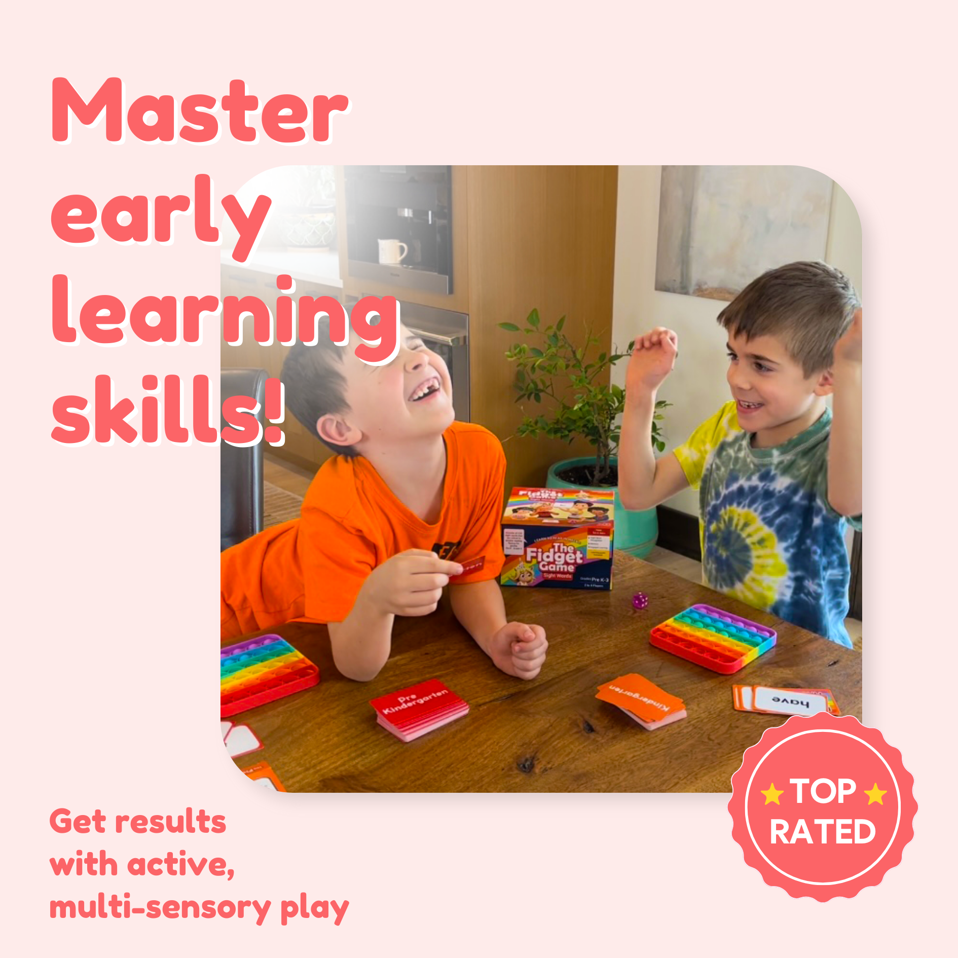 Two children playing with educational toys on a table, with text promoting early learning skills.