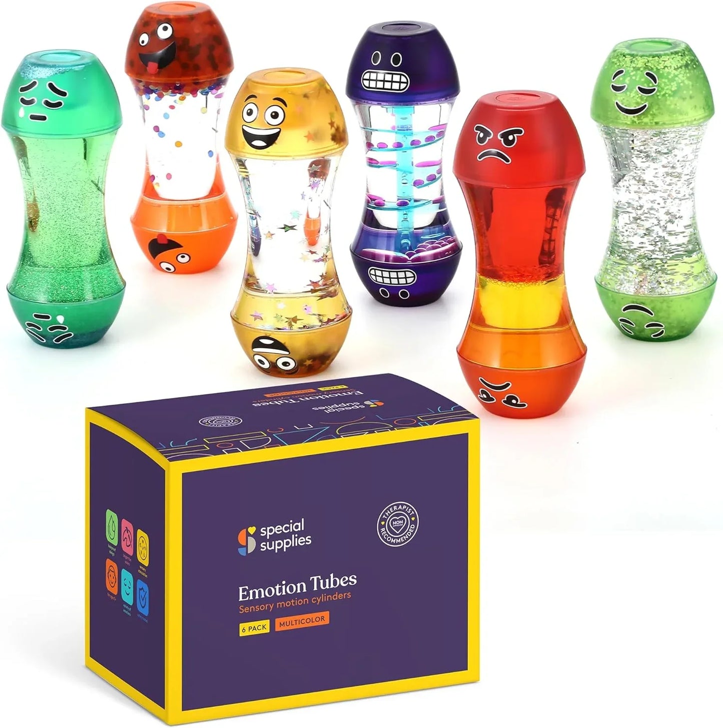 Set of colorful sensory emotion tubes with expressive faces, ideal for sensory play and calming support.