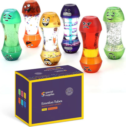 Set of colorful sensory emotion tubes with expressive faces, ideal for sensory play and calming support.