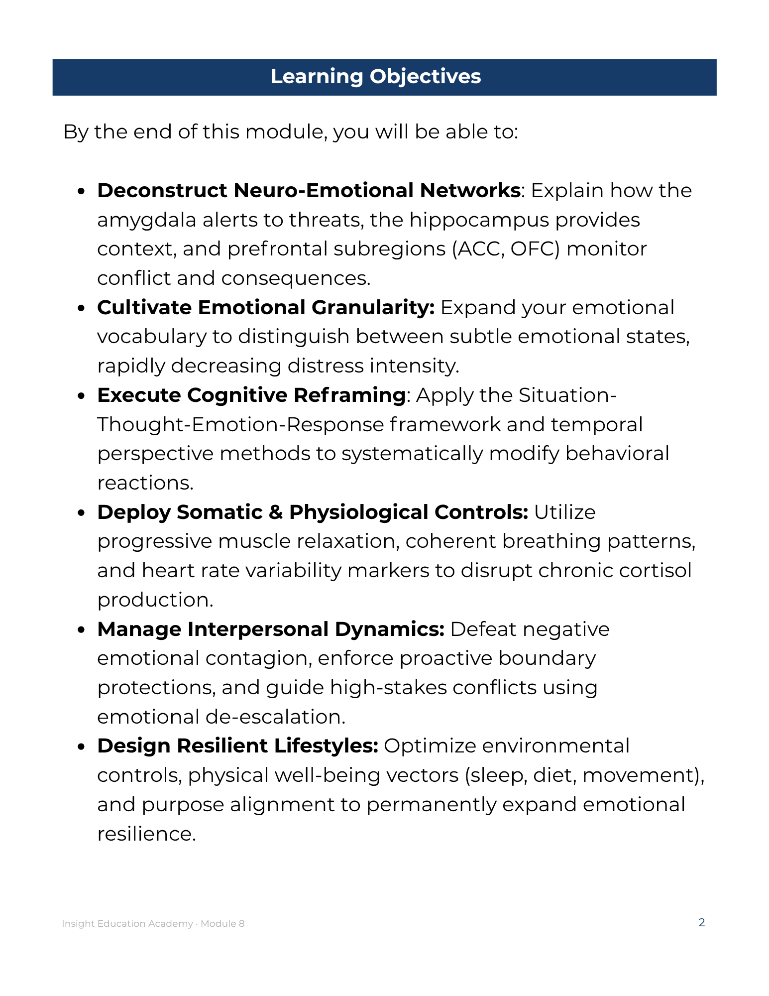 Learning objectives list for a module on neuro-emotional networks and resilience.