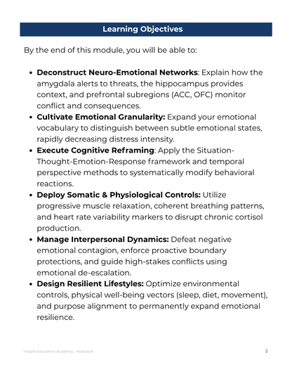 Learning objectives list for a module on neuro-emotional networks and resilience.