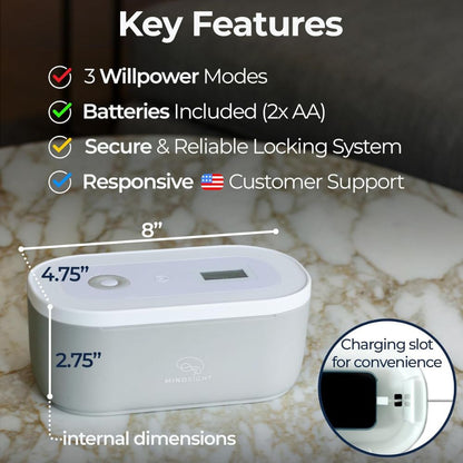 Product with key features listed on a marble surface
