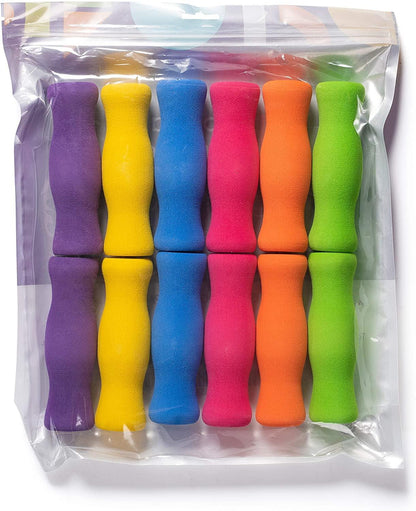Set of colorful foam pencil grips in purple, yellow, blue, pink, orange, and green for sensory support