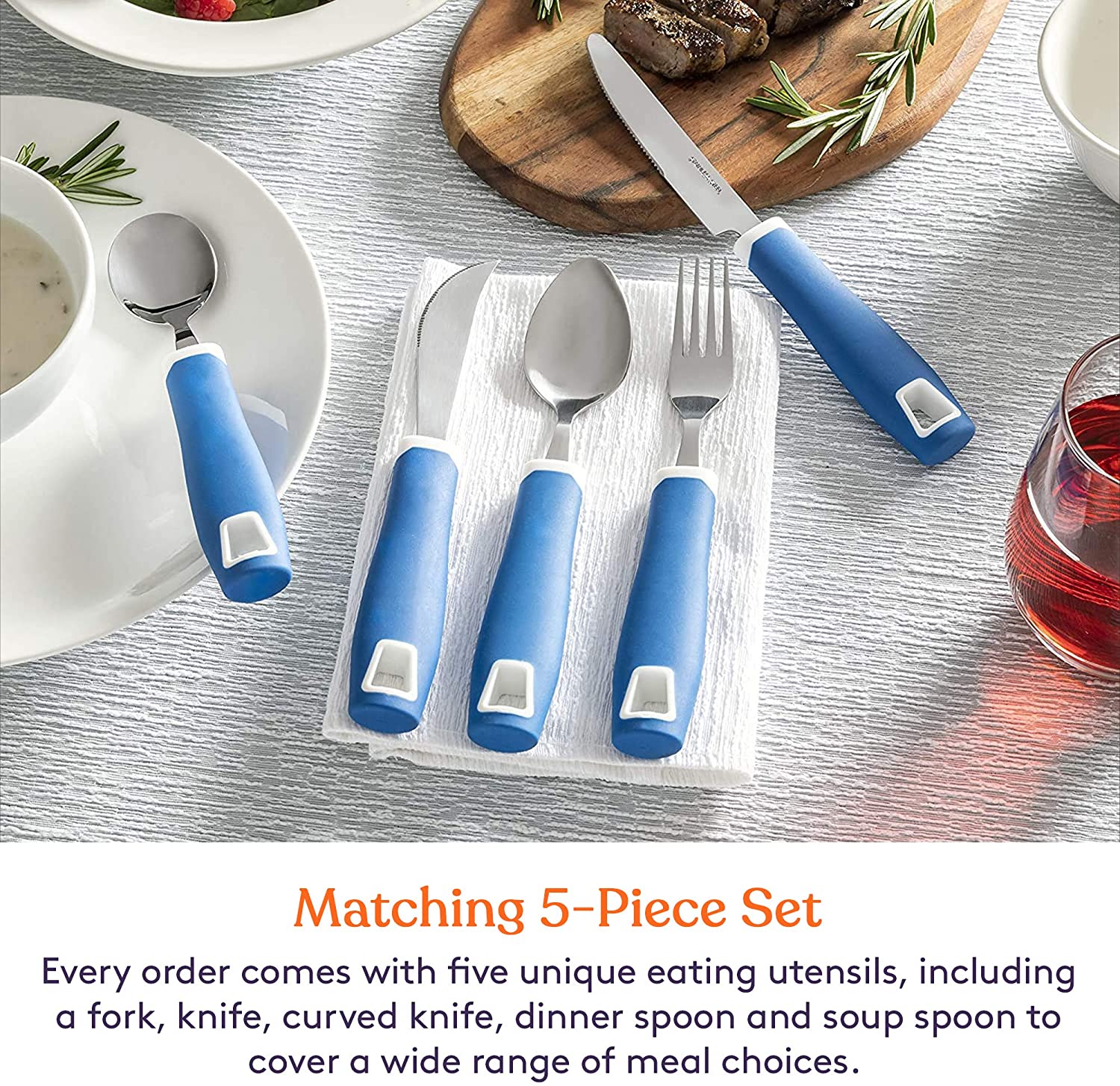 Set of 5 Blue Adaptive Utensils - Stainless Steel Knife, Rocker Knife, Fork, Soup Spoon, Dinner Spoon - Insight Family Market