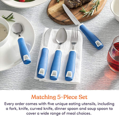 Set of 5 Blue Adaptive Utensils - Stainless Steel Knife, Rocker Knife, Fork, Soup Spoon, Dinner Spoon - Insight Family Market
