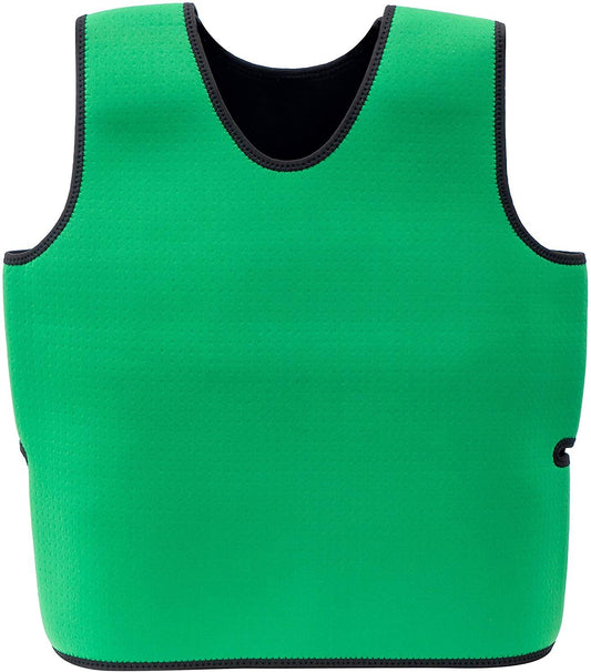 Green sensory compression vest for kids with black trim, front view