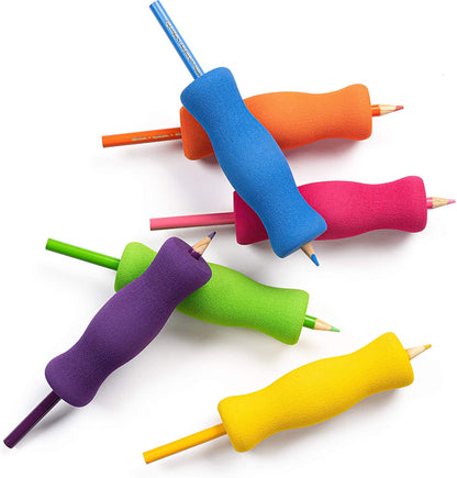 Colorful ergonomic pencil grips on assorted colored pencils, sensory-friendly writing aids