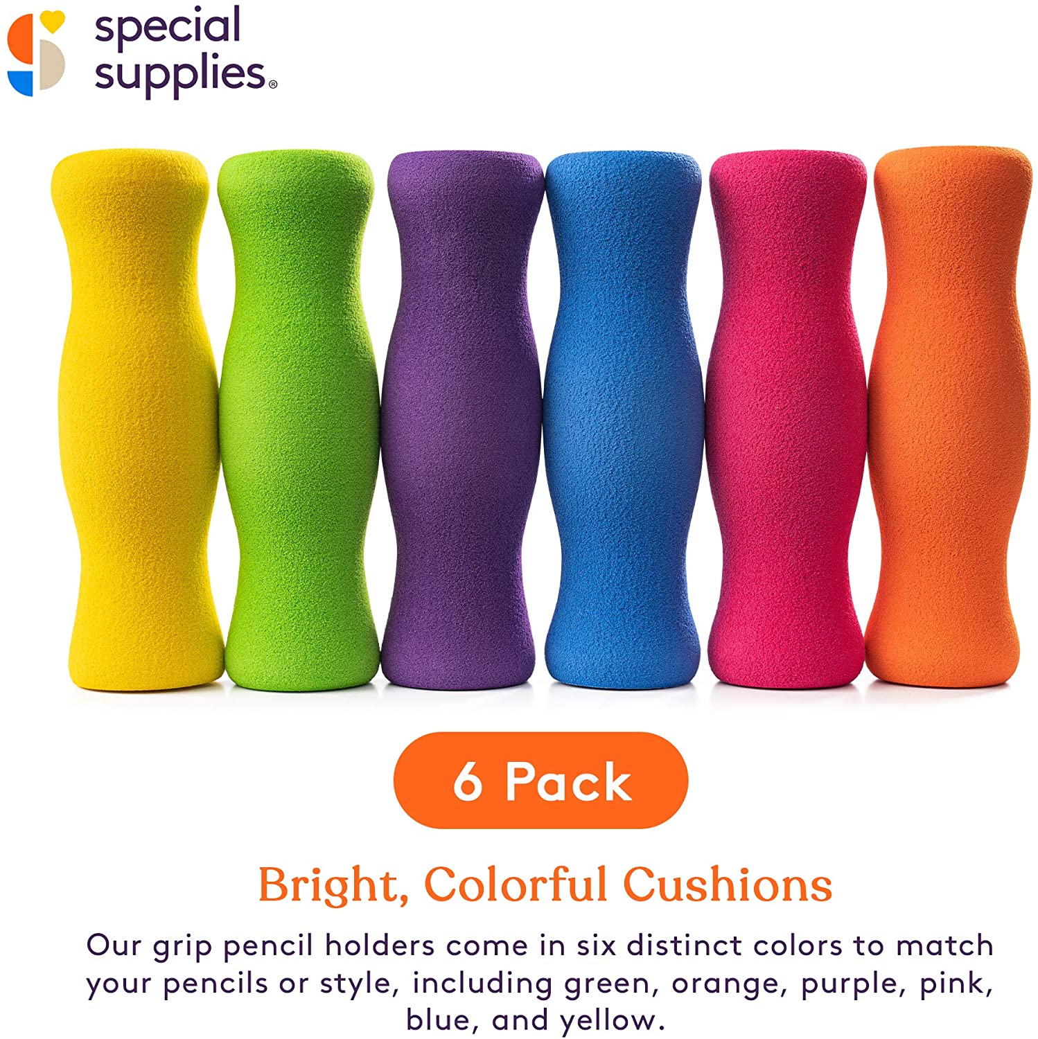 Set of six colorful grip pencil holders from Special Supplies on a white background.