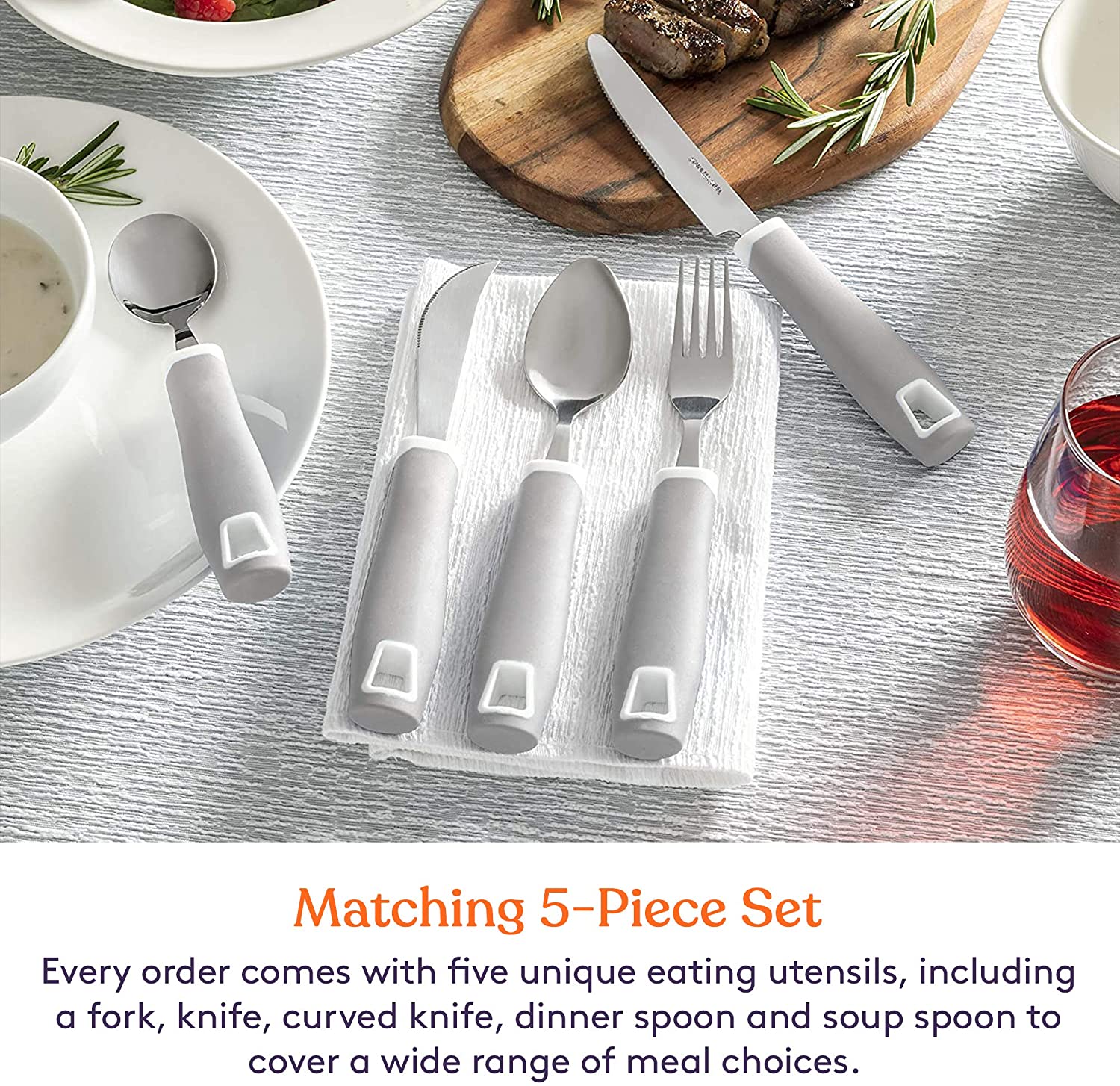 Set of 5 Gray Adaptive Utensils - Stainless Steel Knife, Rocker Knife, Fork, Soup Spoon, Dinner Spoon - Insight Family Market