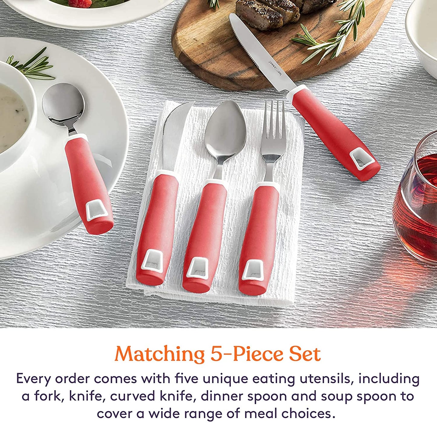 Set of 5 Red Adaptive Utensils - Stainless Steel Knife, Rocker Knife, Fork, Soup Spoon, Dinner Spoon - Insight Family Market