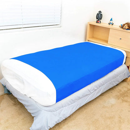 Blue sensory compression sheet on a twin bed in a child's bedroom