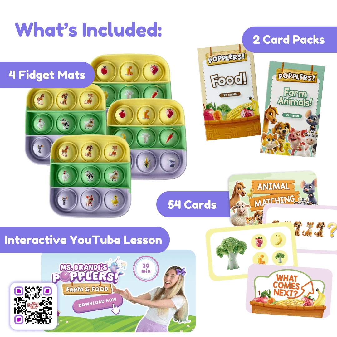 Educational toy set with fidget mats, card packs, and interactive YouTube lesson on a white background.