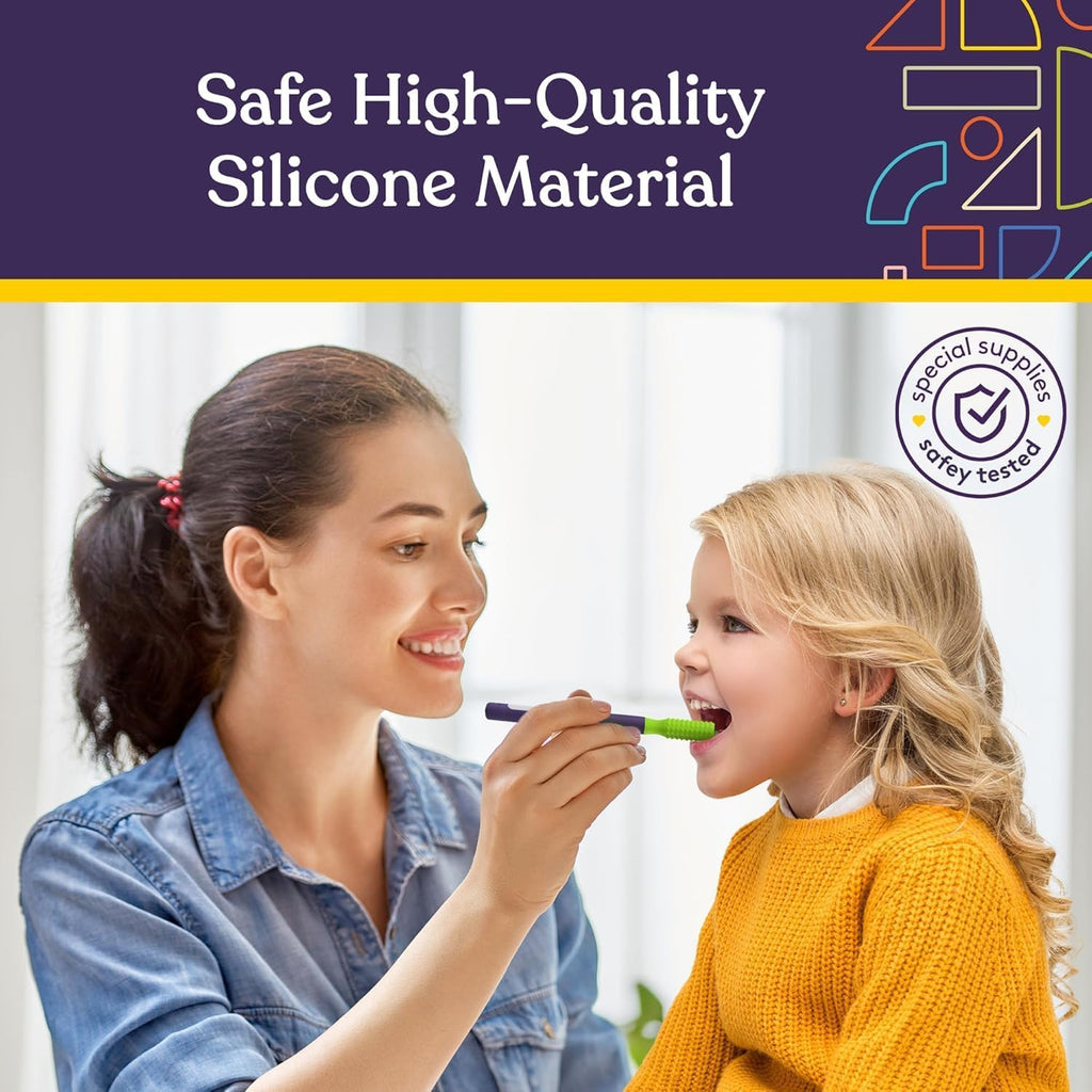 Woman and child brushing teeth together with text about safe high-quality silicone material