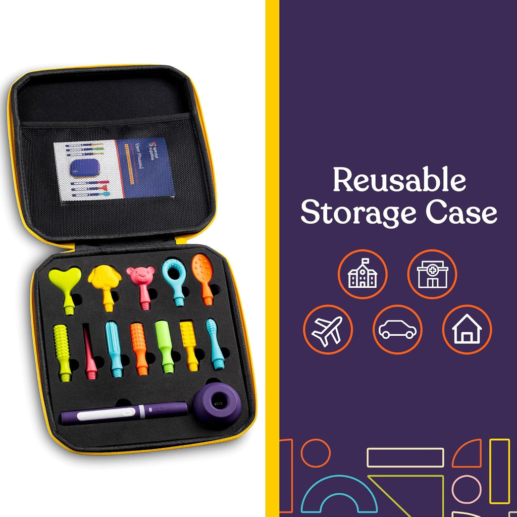 Reusable storage case with colorful tools and a purple background with icons and text.